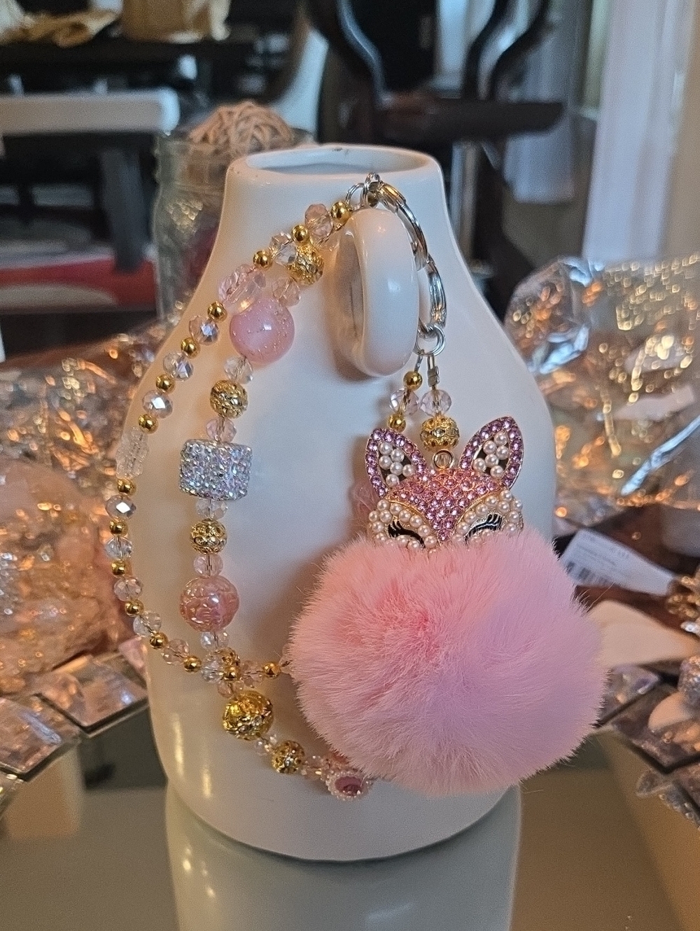Pink Faux Fur Fox Pom Pom Keychain with Beaded Strap